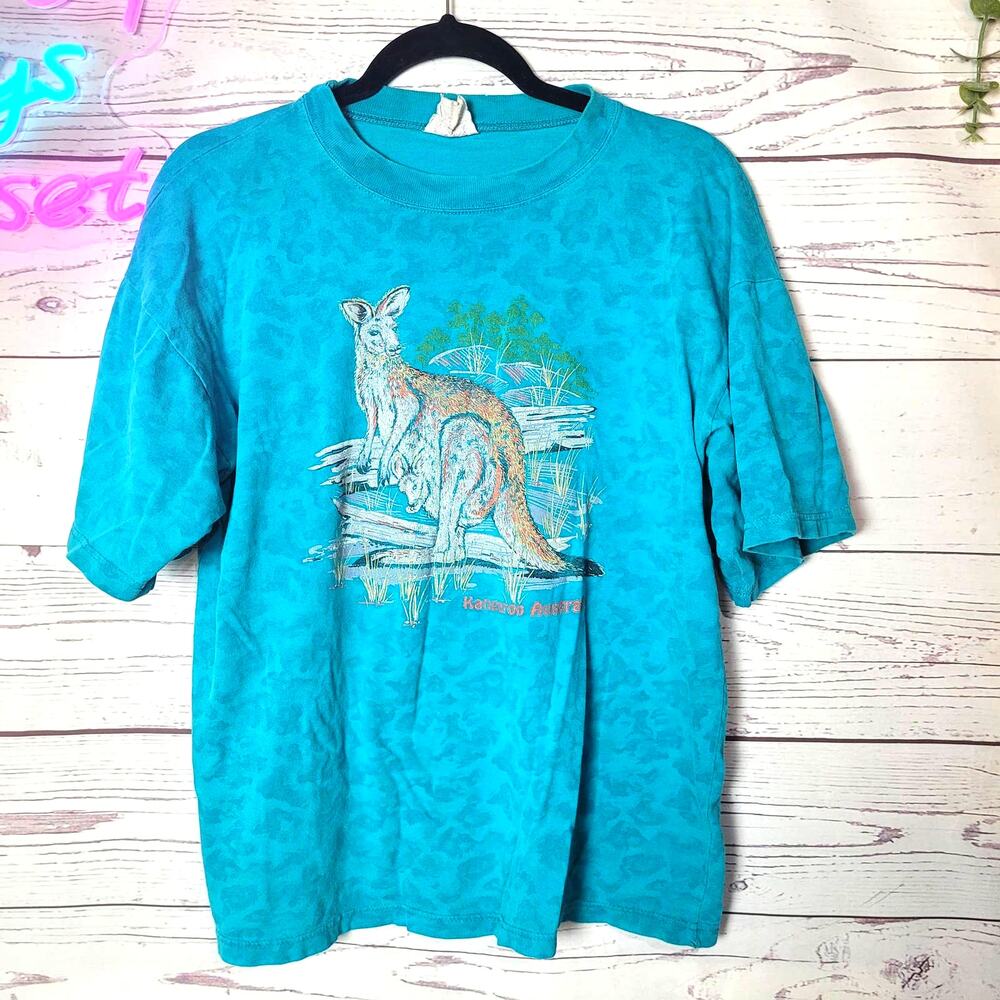 Vtg‎ Sick Bulurru Teal Green Kangaroo Graphic Crew Neck T-Shirt Womans Sz Medium